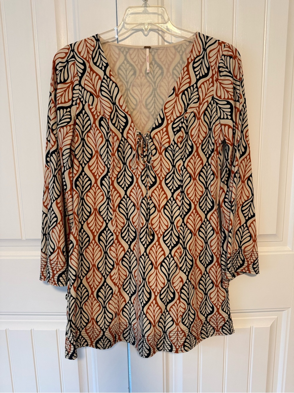 Free People V-Neck Printed Tunic in Black, Cream & Rust